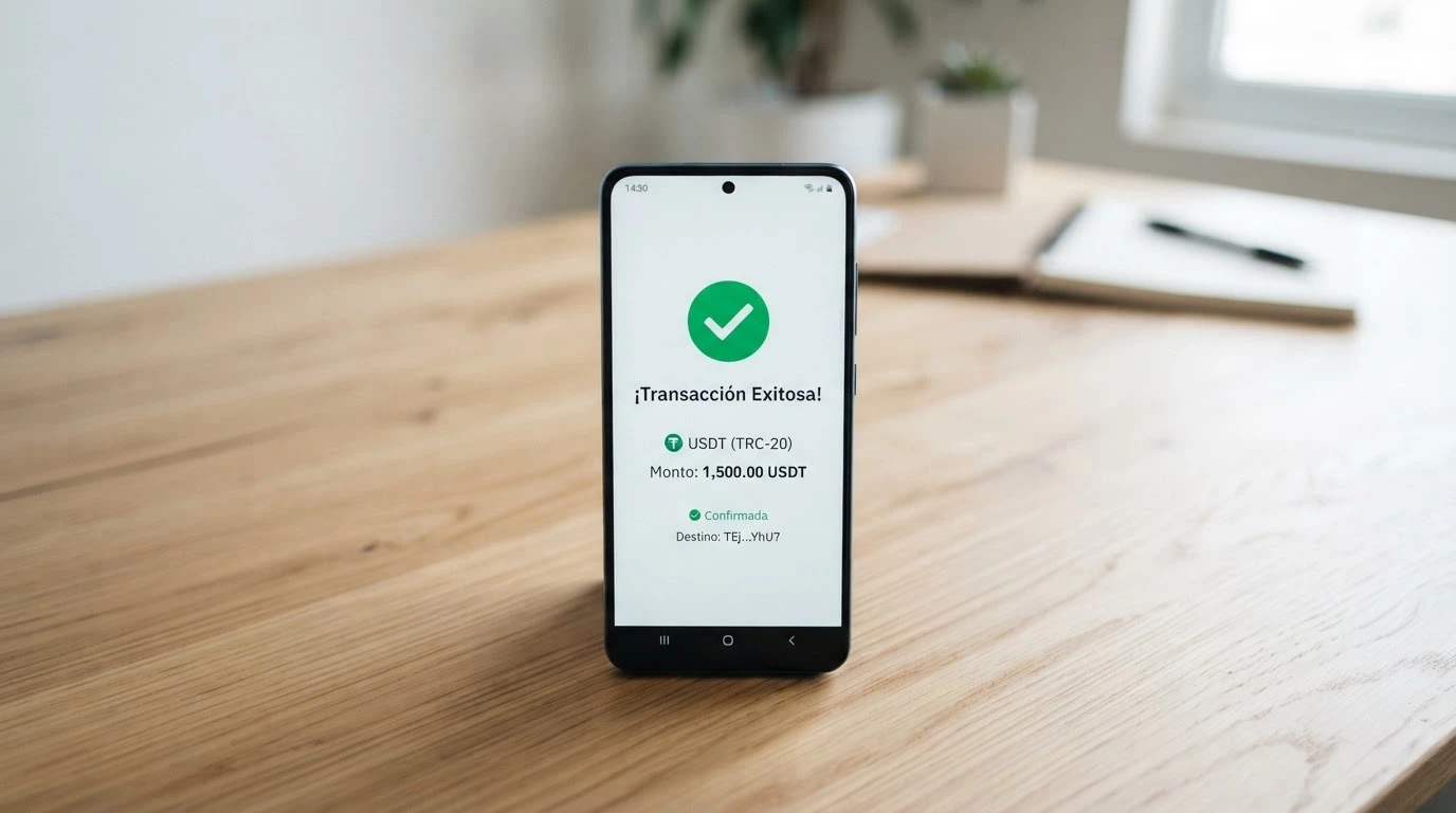 Cartera digital mostrando una transacción USDT en la red TRC-20 con el icono de confirmación
