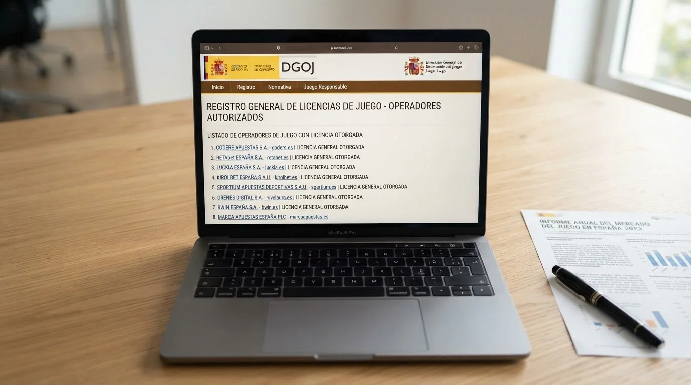 Captura del registro público de la DGOJ en ordenacionjuego.es con el listado de operadores autorizados y el dominio .es resaltado