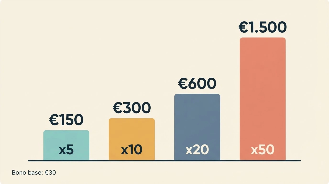 Gráfico de barras que compara el importe total a apostar con rollover x5, x10, x20 y x50 sobre un mismo bono