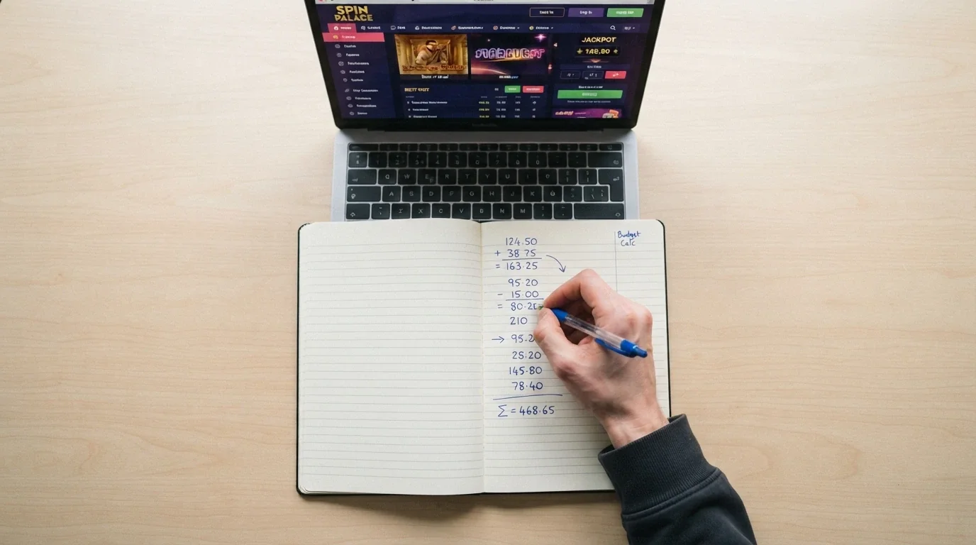 Manos de una persona anotando números en una libreta junto a una calculadora y la pantalla de un casino online abierta en segundo plano