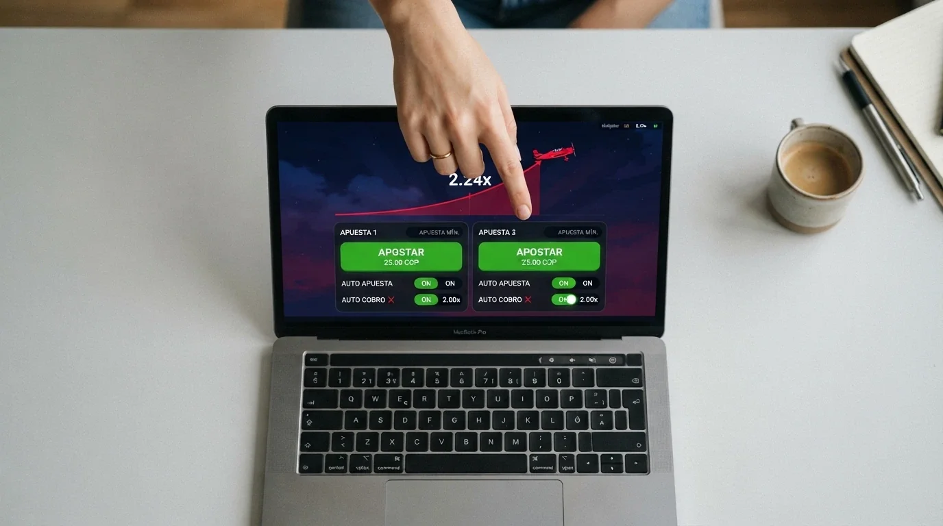 Panel de apuestas de Aviator con las opciones de doble apuesta, auto-cashout y auto-bet visibles