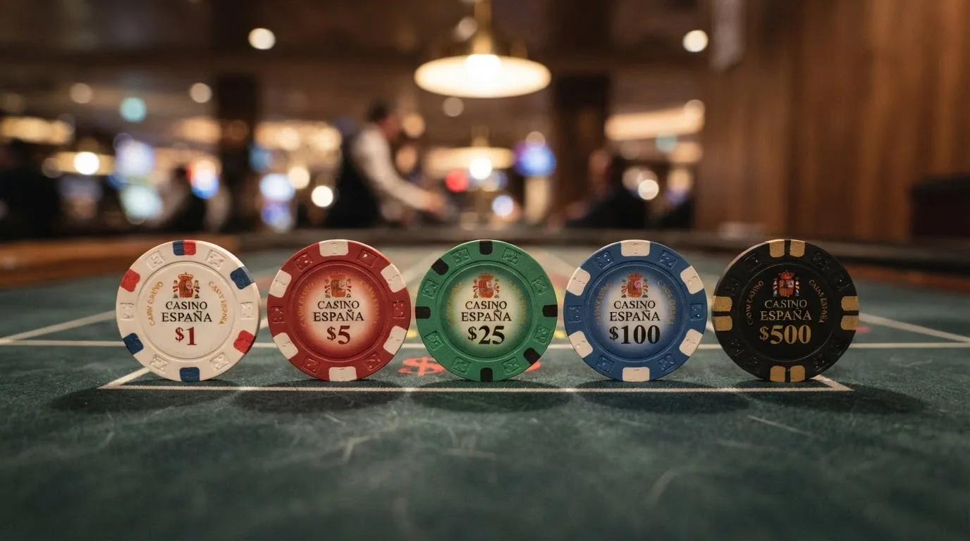 Fichas de casino de colores con los valores 5, 10, 20, 30 y 50 euros alineadas sobre el tapete verde de una mesa de juego