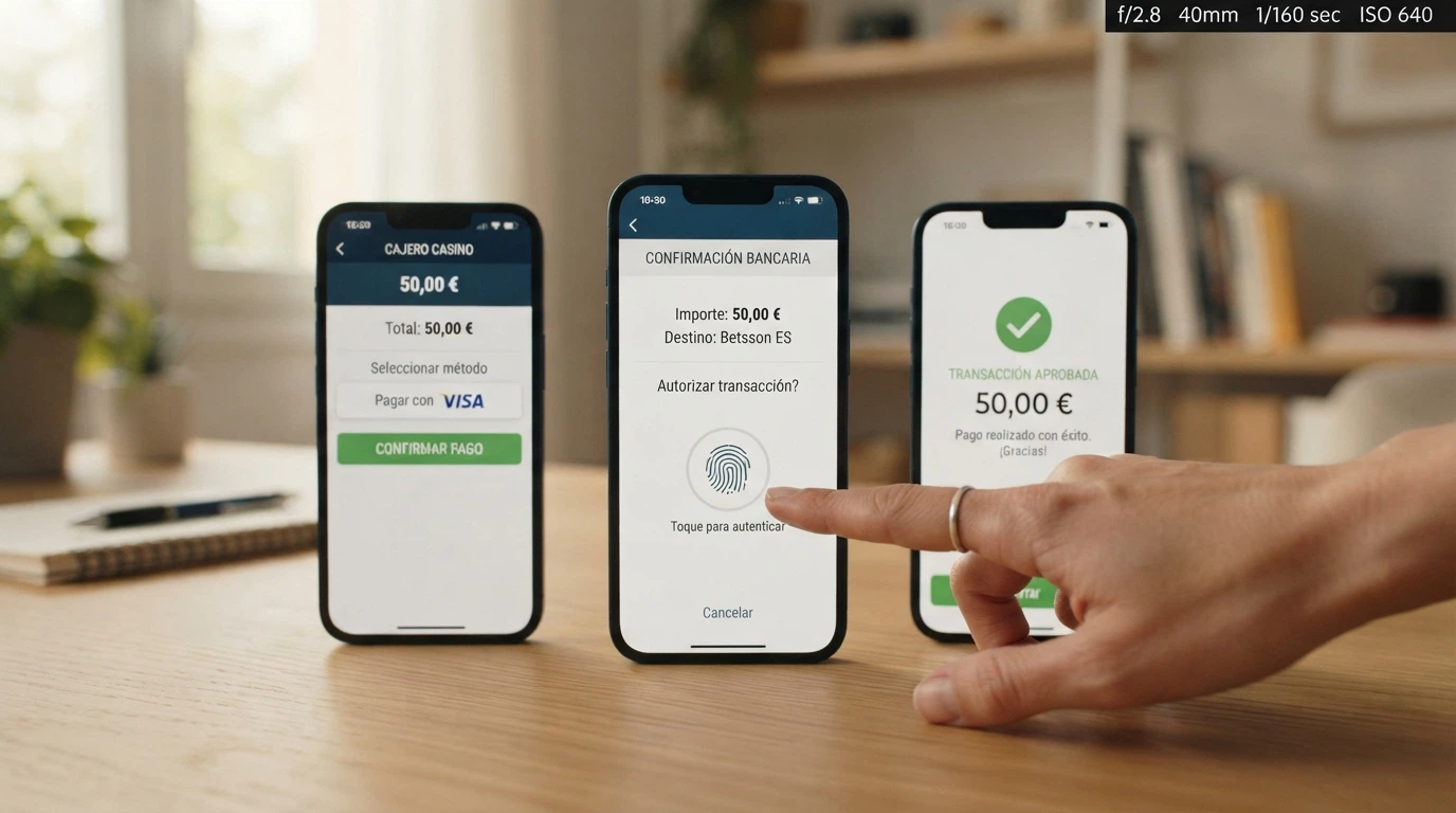 Secuencia de pantallas del proceso de depósito: cajero del casino, introducción del importe y confirmación en la app