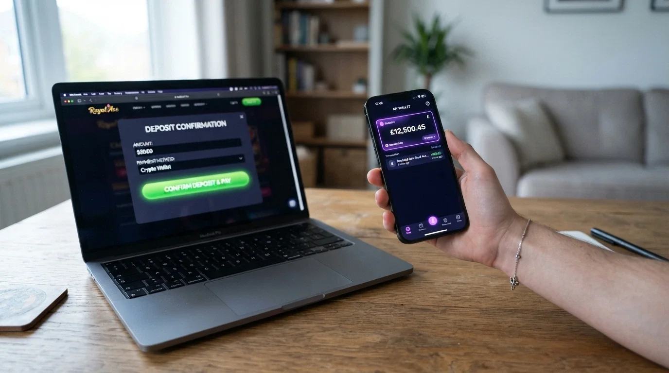 Wallet Phantom abierta en el móvil junto a la pantalla de depósito de un casino online, mostrando el saldo en SOL