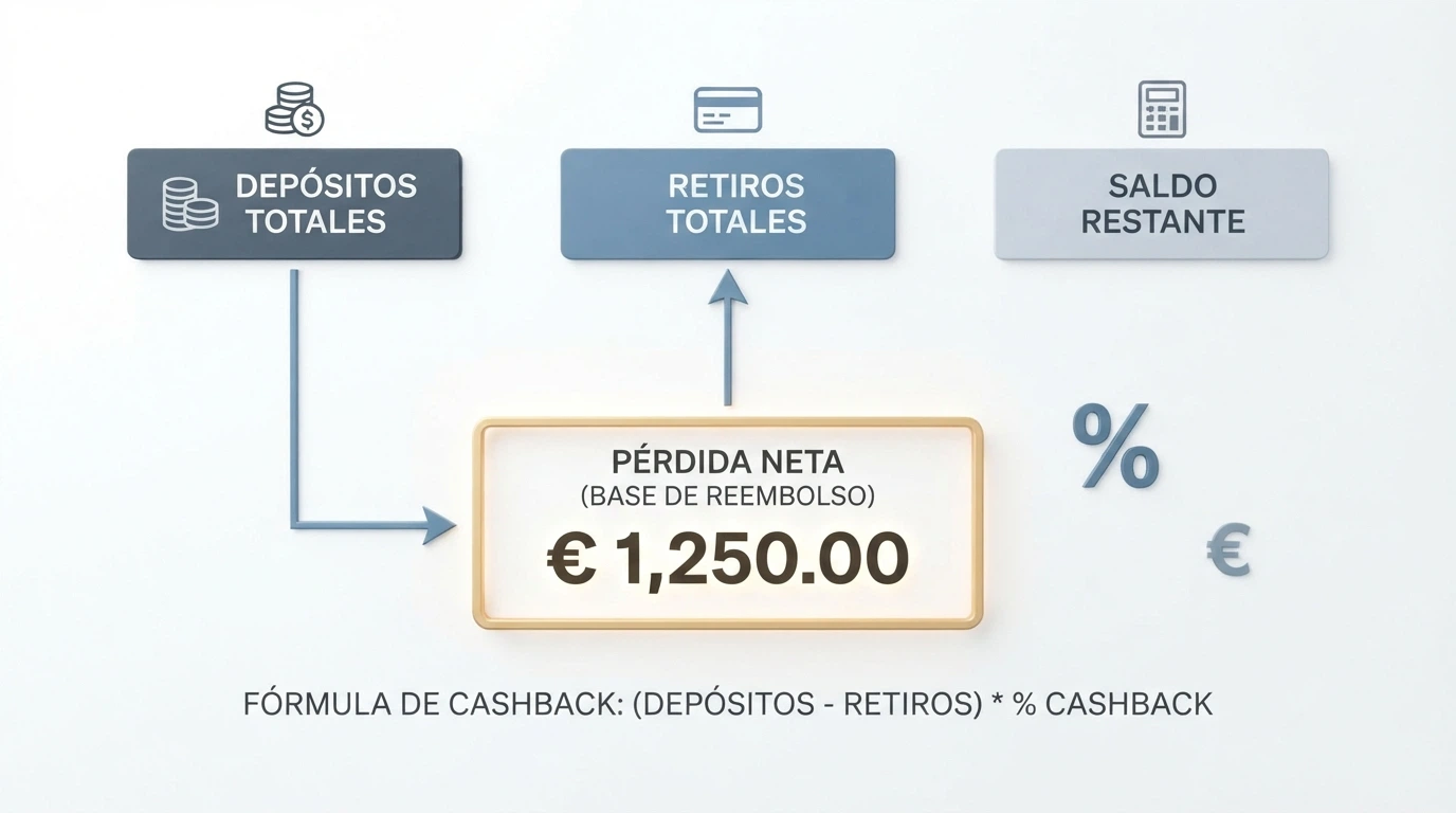 Esquema visual con la fórmula de pérdidas netas: depósitos, retiradas y saldo destacados