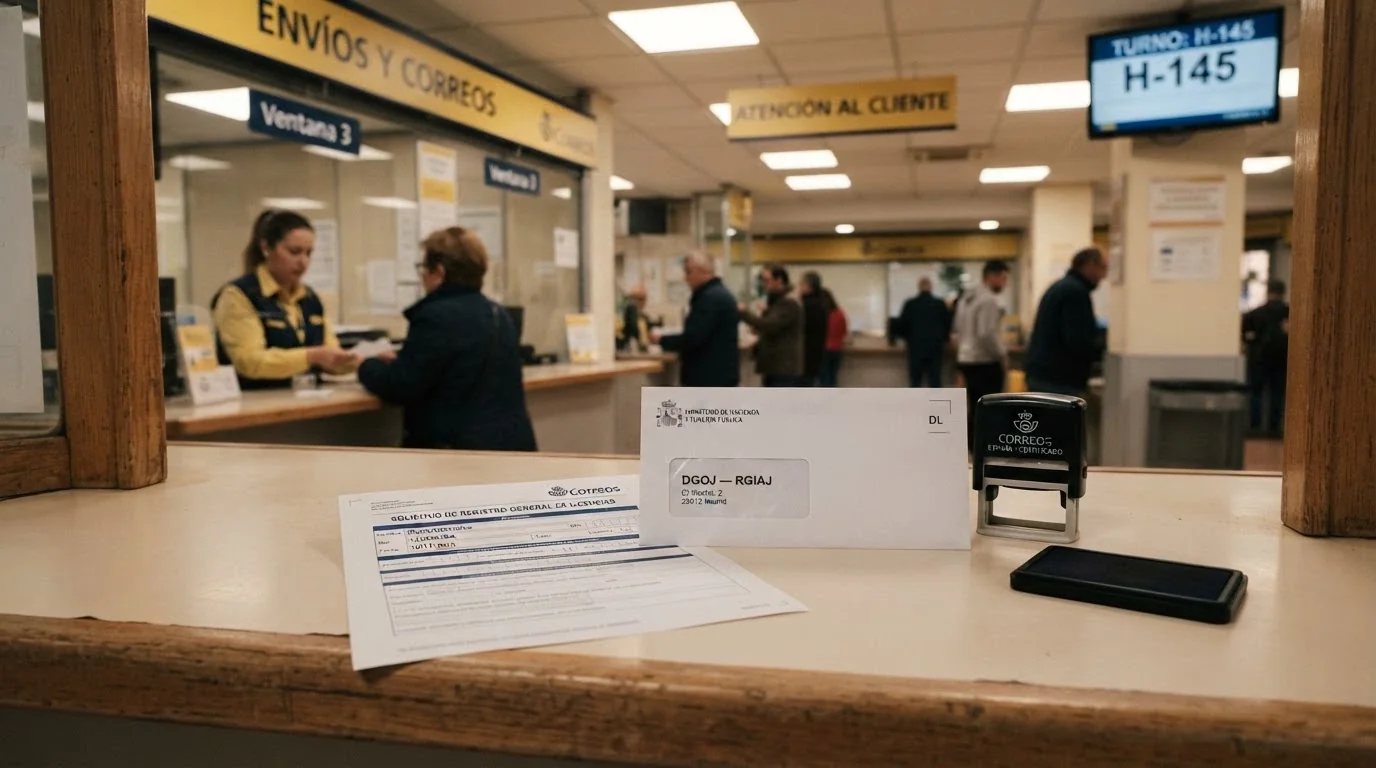 Un mostrador de oficina de Correos con un formulario oficial de la DGOJ sobre la mesa y un sobre con el destino «DGOJ — RGIAJ» visible
