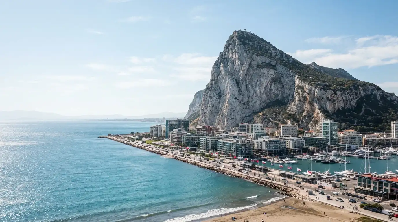 Vista del Peñón de Gibraltar con superposición de logotipos de operadores de juego internacionales