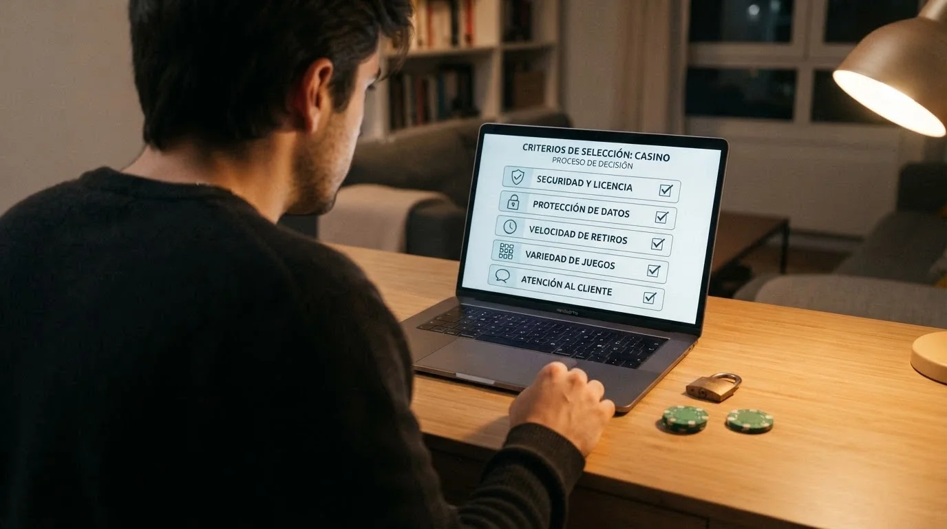 Una lista de verificación con iconos: licencia, candado, reloj y catálogo de juegos, sobre el fondo de una interfaz de casino online