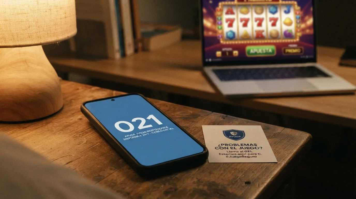 Un teléfono móvil con el número 900 533 025 en pantalla y una tarjeta del RGIAJ junto a un ordenador con un casino abierto