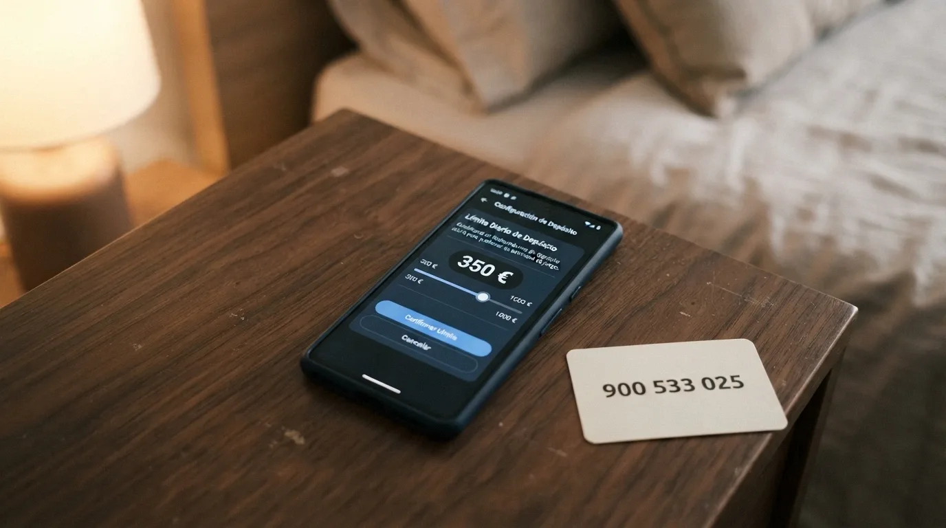 Móvil con la pantalla de configuración de límites de depósito de un casino, junto a una tarjeta con el número 900 533 025