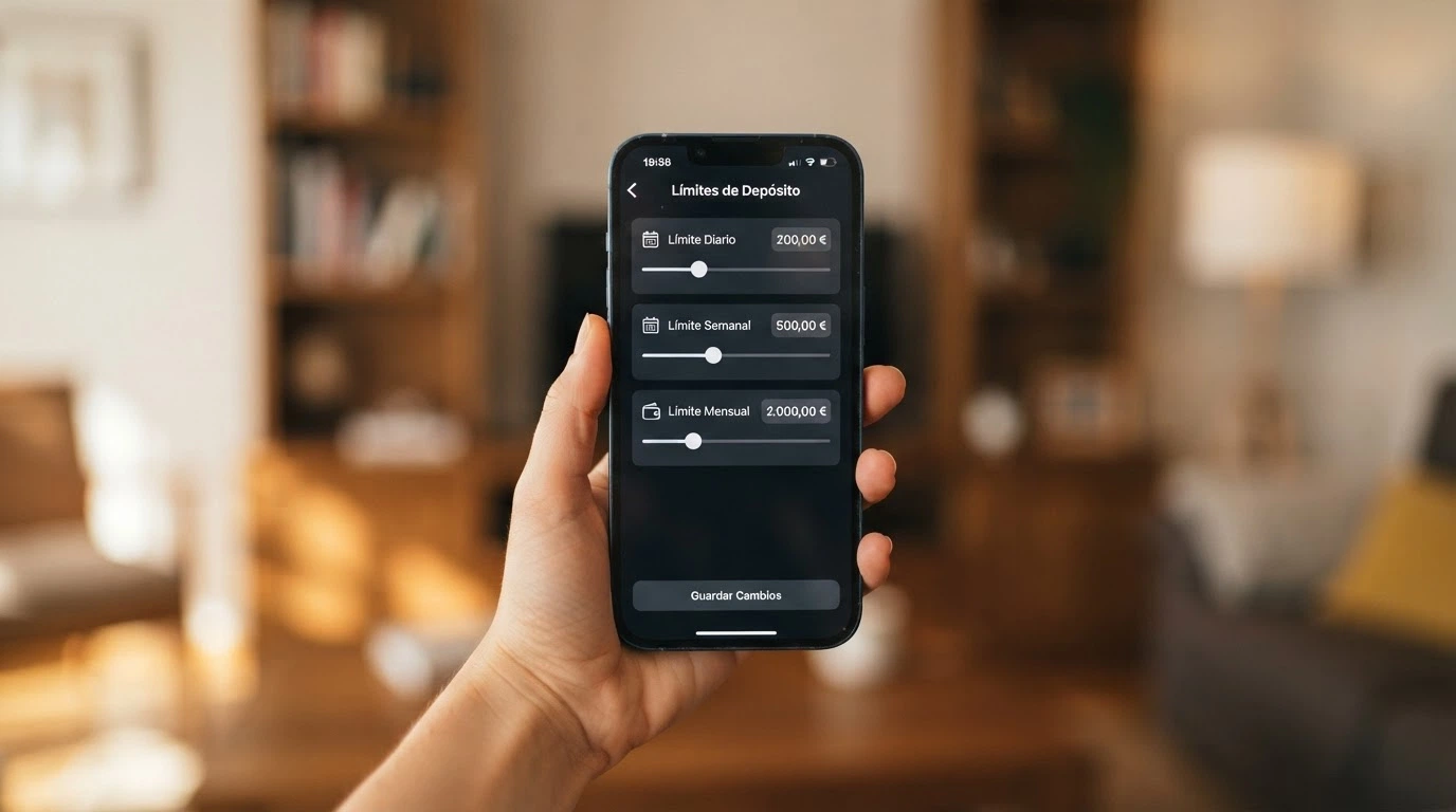 Interfaz de configuración de límites de depósito en un casino online español con las opciones de límite diario, semanal y mensual visibles