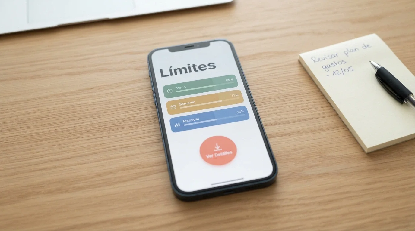 La pantalla de un móvil muestra la interfaz de una app de control de juego con gráficos de límite diario, semanal y mensual junto a un botón de autoexclusión