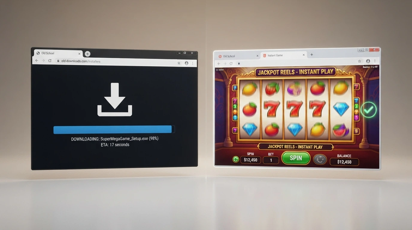 Comparativa visual entre una pantalla de descarga de software de casino y un juego cargándose directamente en el navegador con tecnología HTML5