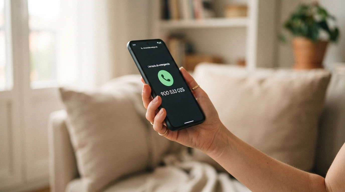 Teléfono móvil mostrando el número 900 533 025 en pantalla con el logo de la DGOJ