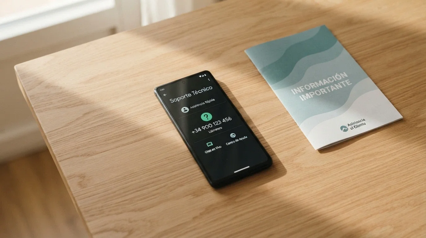 Un teléfono móvil con la pantalla encendida mostrando un contacto de ayuda junto a un folleto informativo con el logotipo de FEJAR