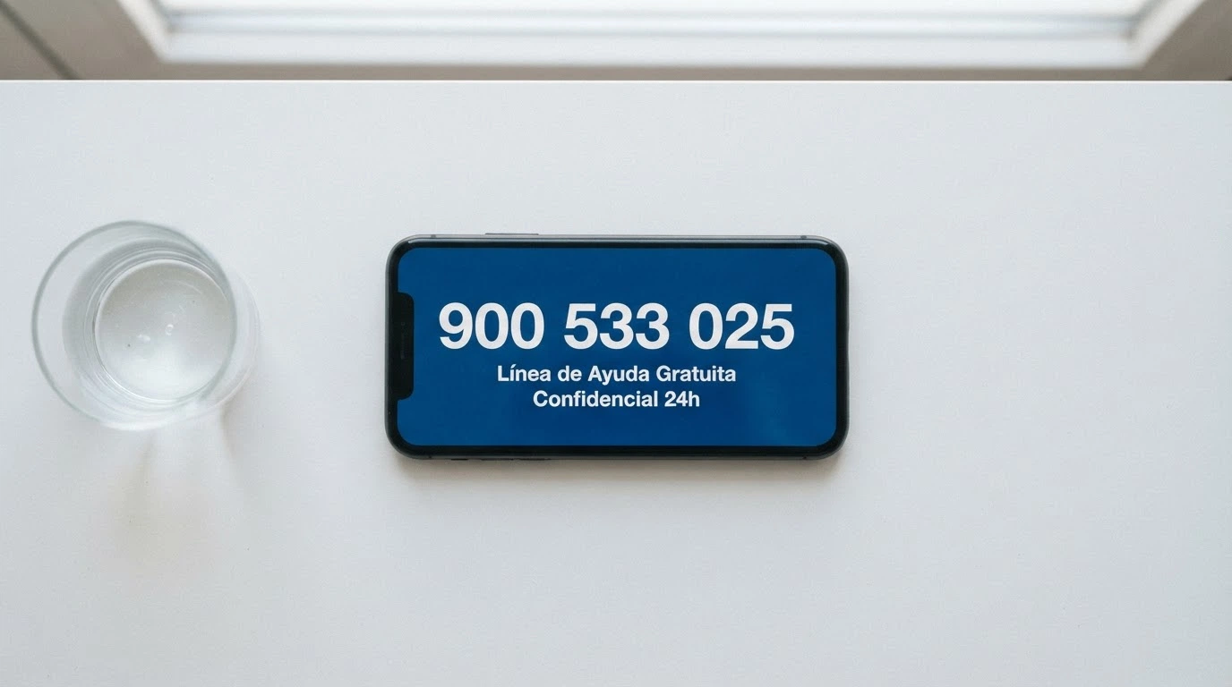 Un teléfono móvil con el número 900 533 025 en pantalla sobre un fondo azul institucional