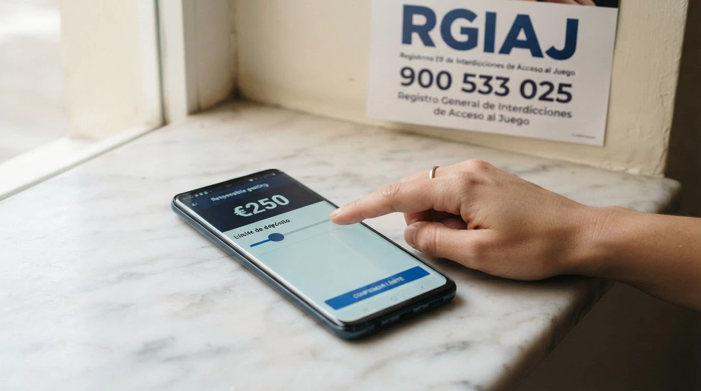 Una mano que ajusta un deslizador de límite de depósito en la pantalla de un móvil, con un segundo plano desenfocado que muestra el logotipo del RGIAJ y el número 900 533 025