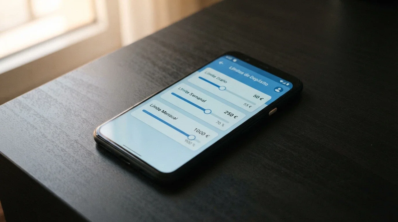 Pantalla de ajustes de límites de depósito en una app de casino con barras deslizantes para seleccionar importe diario, semanal y mensual