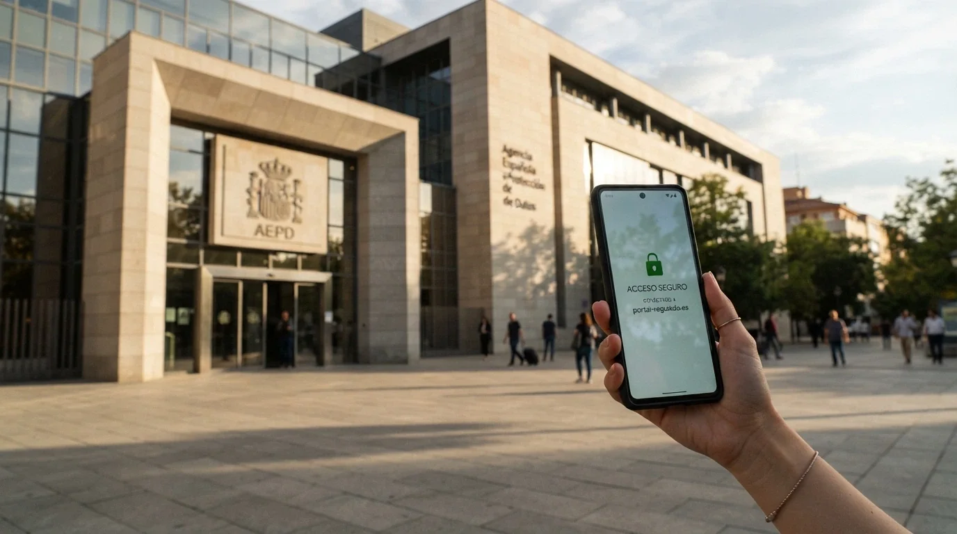 La fachada de un edificio institucional español junto a un móvil que muestra el candado de verificación DGOJ en la pantalla de un casino con dominio .es