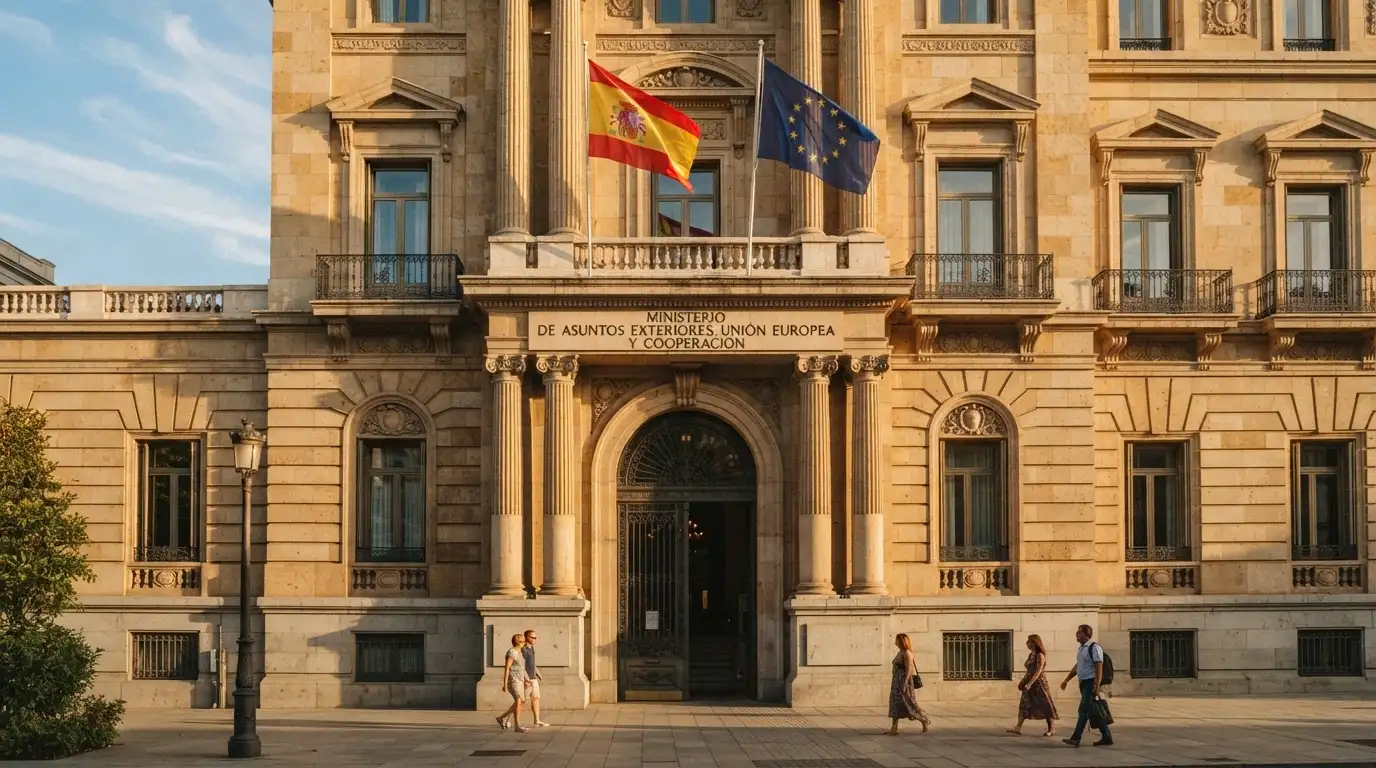 La fachada del Ministerio de Derechos Sociales, Consumo y Agenda 2030, sede de la DGOJ, con la bandera de España y de la Unión Europea
