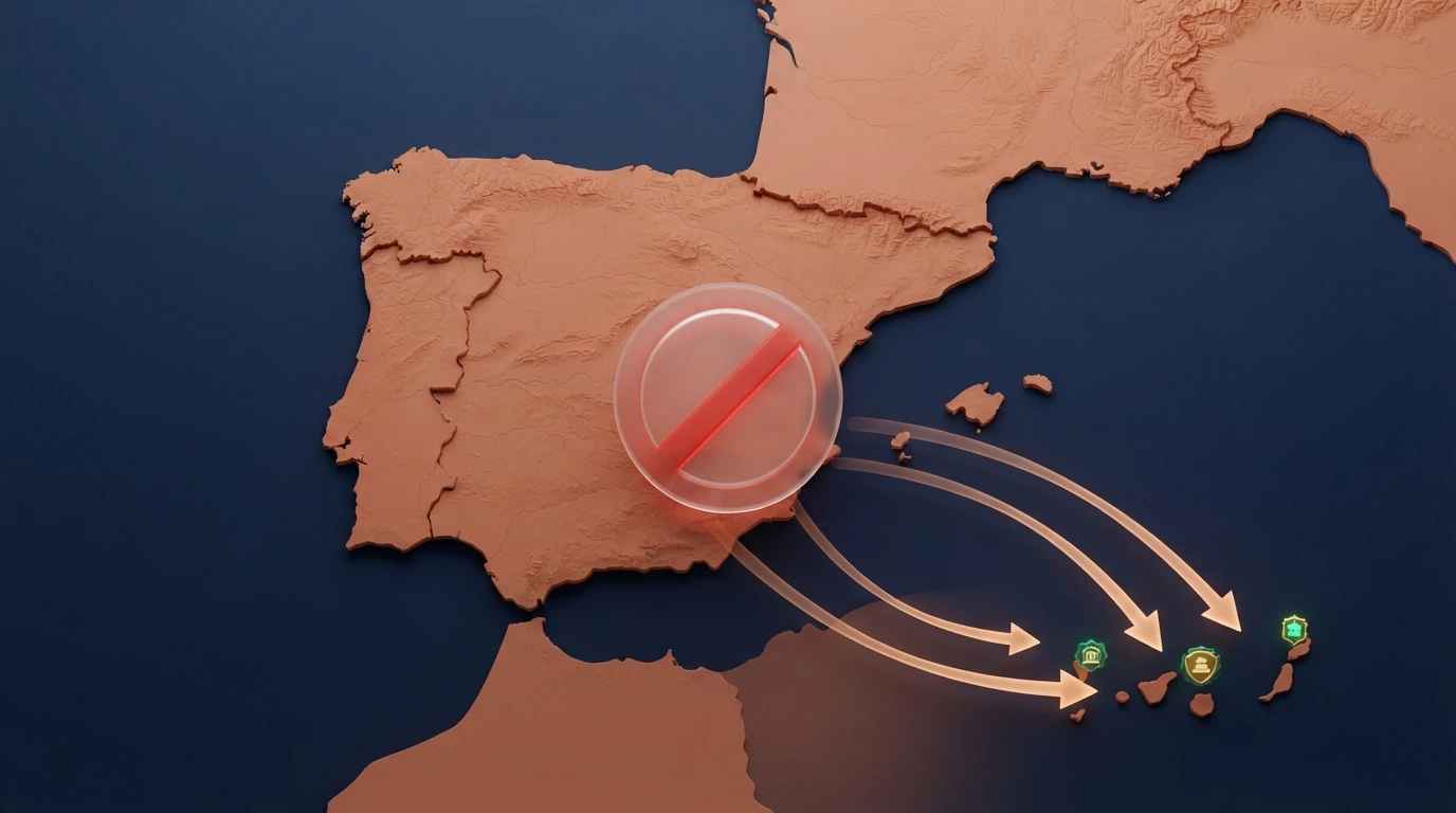 Un mapa de España con un círculo DGOJ tachado sobre la península y varias flechas curvas que salen hacia islas del Caribe donde brillan los sellos de Curaçao y Tobique