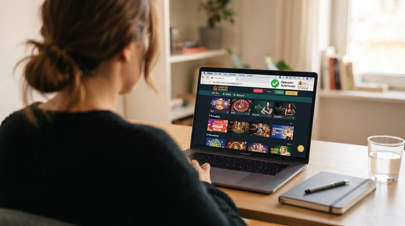 Sello de la Dirección General de Ordenación del Juego junto al dominio .es en la página principal de un casino online autorizado