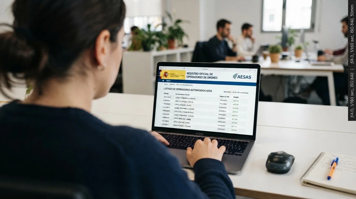 Pantalla de ordenador mostrando la web de la DGOJ con el registro de operadores autorizados, junto al escudo oficial