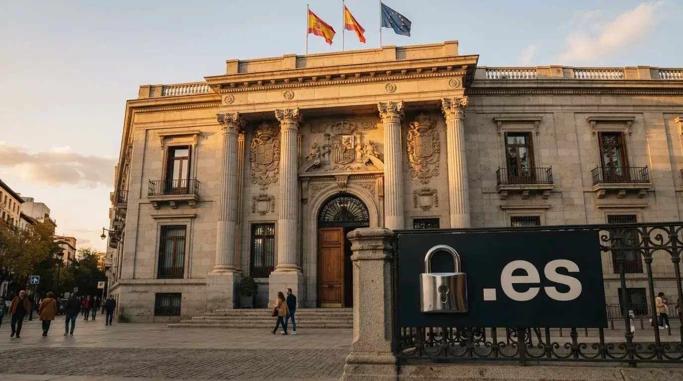 Fachada del edificio de la Dirección General de Ordenación del Juego en Madrid con el escudo oficial, sobre un fondo con el dominio «.es» y un candado de seguridad