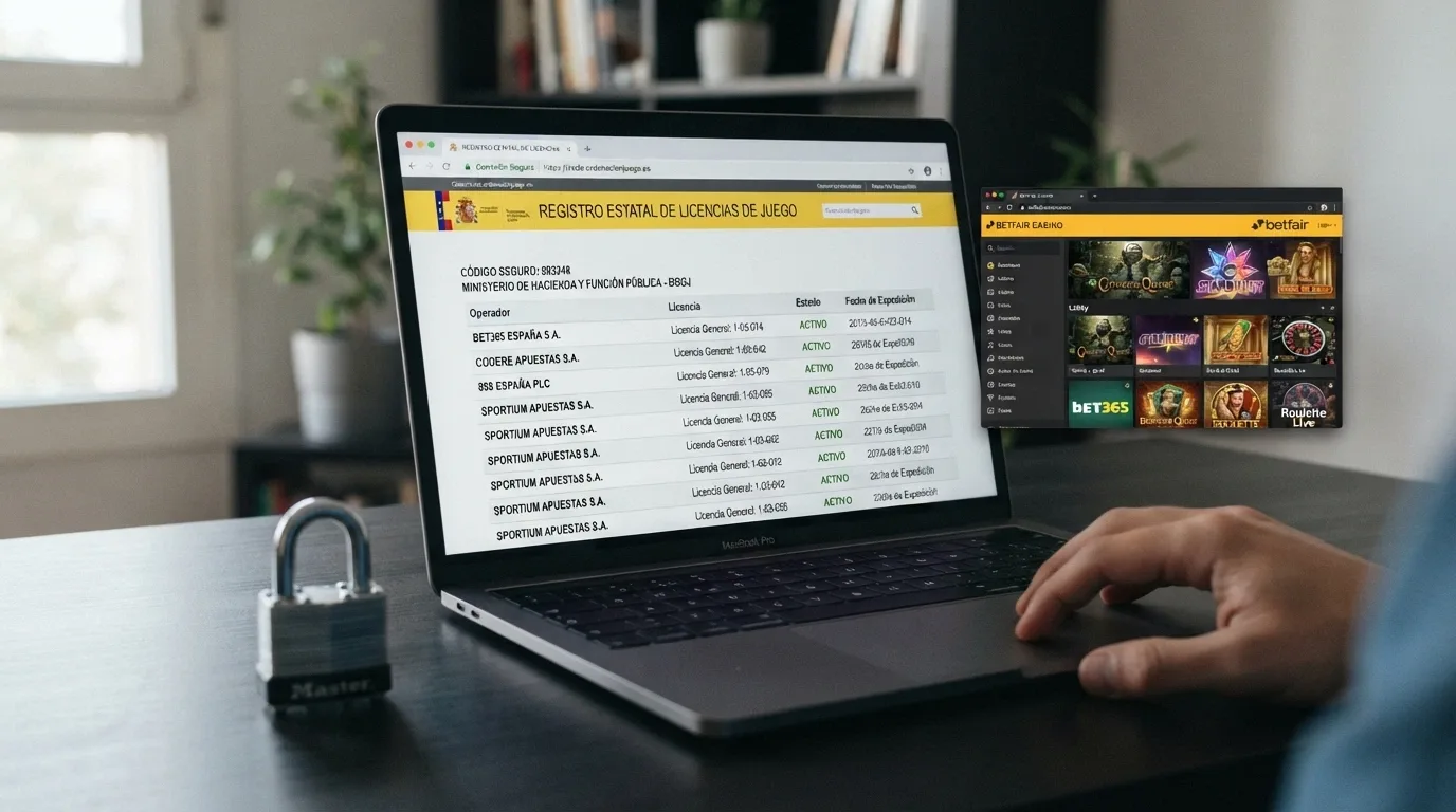 Pantalla del registro oficial de operadores con licencia en ordenacionjuego.es junto a un candado verde, en contraste con una ventana que muestra un casino con licencia de Curazao