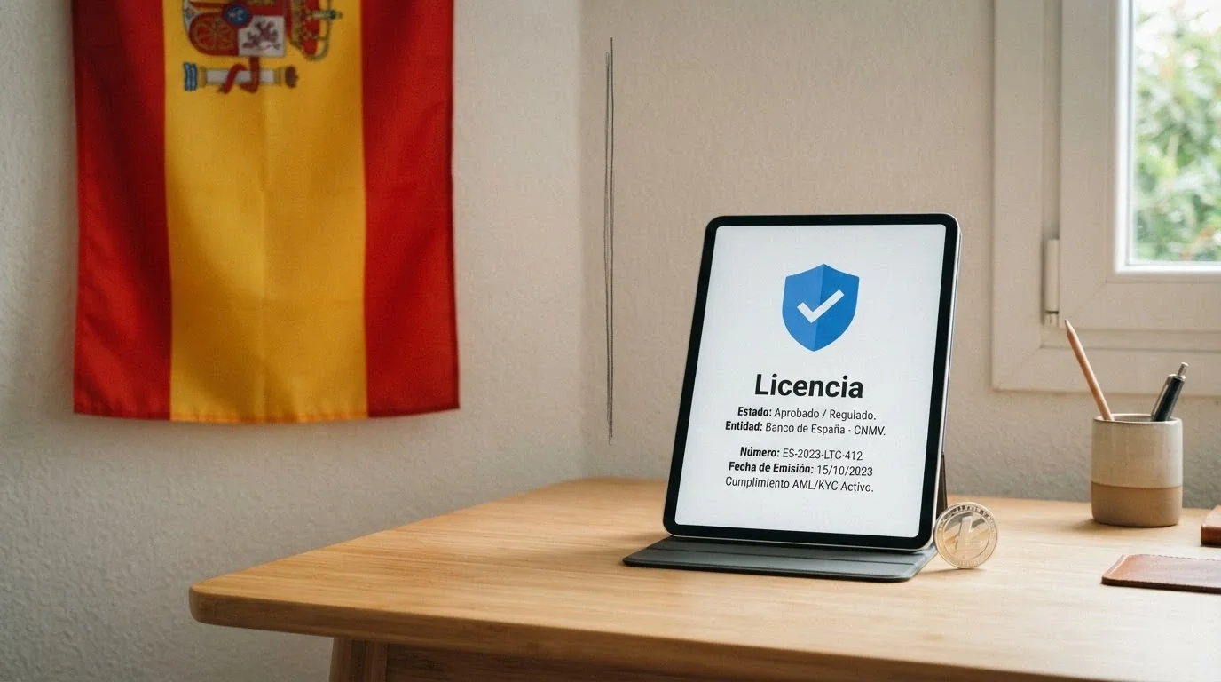 El logotipo oficial de la DGOJ junto al de Litecoin separados por una línea, sobre un fondo con la bandera de España