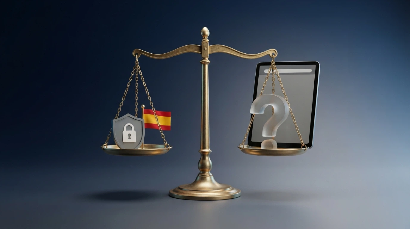 Una balanza de dos platillos: en uno, el símbolo de la DGOJ junto a un candado y la bandera de España; en el otro, un signo de interrogación sobre la silueta de un dominio sin .es