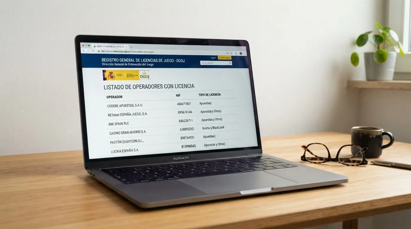 Pantalla de la web de ordenacionjuego.es con el listado de operadores con licencia, y un navegador mostrando un dominio .es en la barra de direcciones