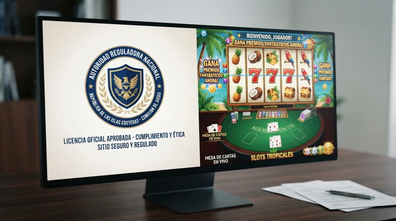 Pantalla partida: a la izquierda el sello de Juego Seguro de la DGOJ sobre fondo institucional, a la derecha el logotipo de una licencia Curaçao sobre el interfaz de un casino