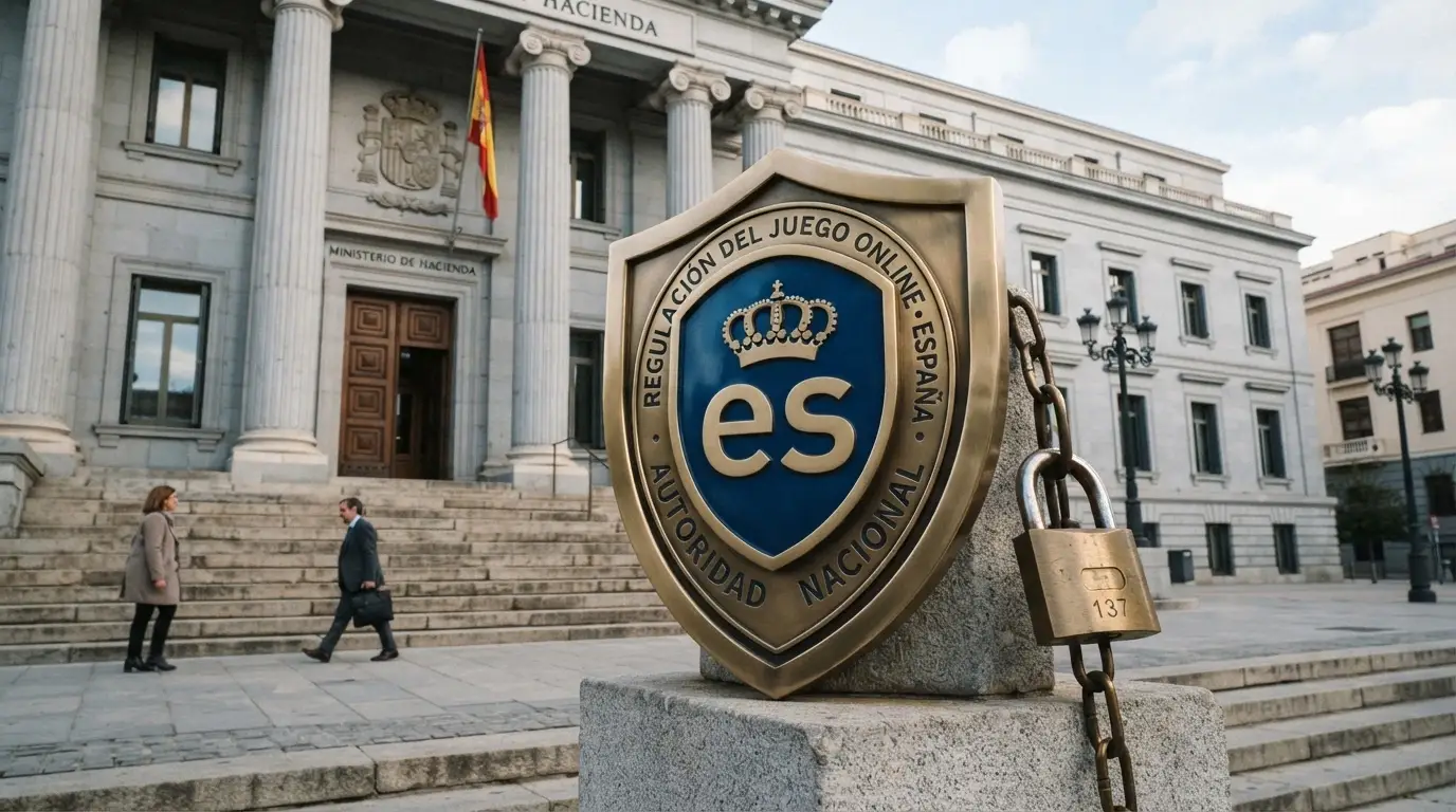 El edificio de la DGOJ en Madrid junto a un escudo con el dominio .es y un candado de seguridad