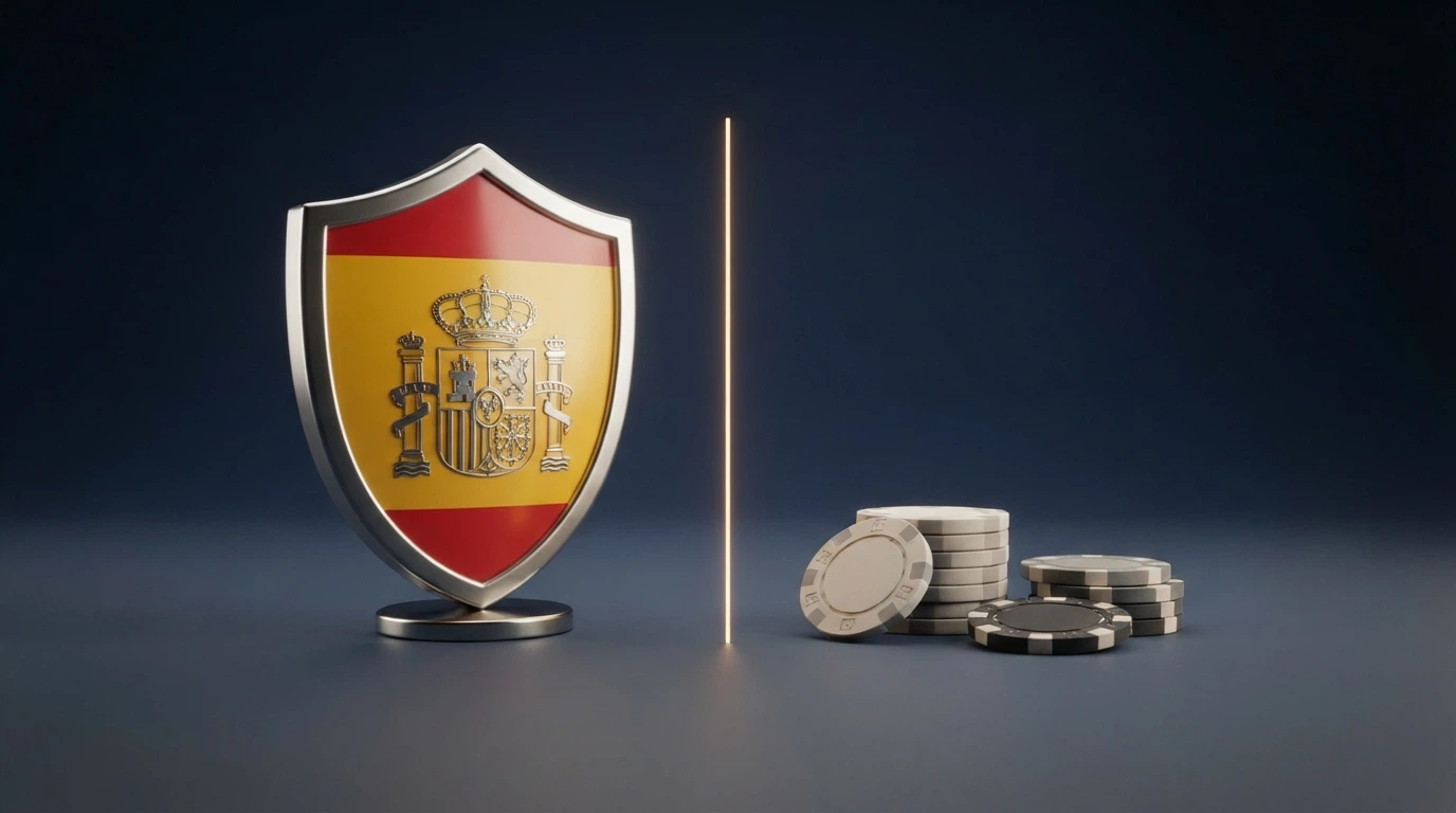 Un escudo con la bandera de España y el sello DGOJ frente a fichas de casino sin distintivo, separados por una línea de protección.