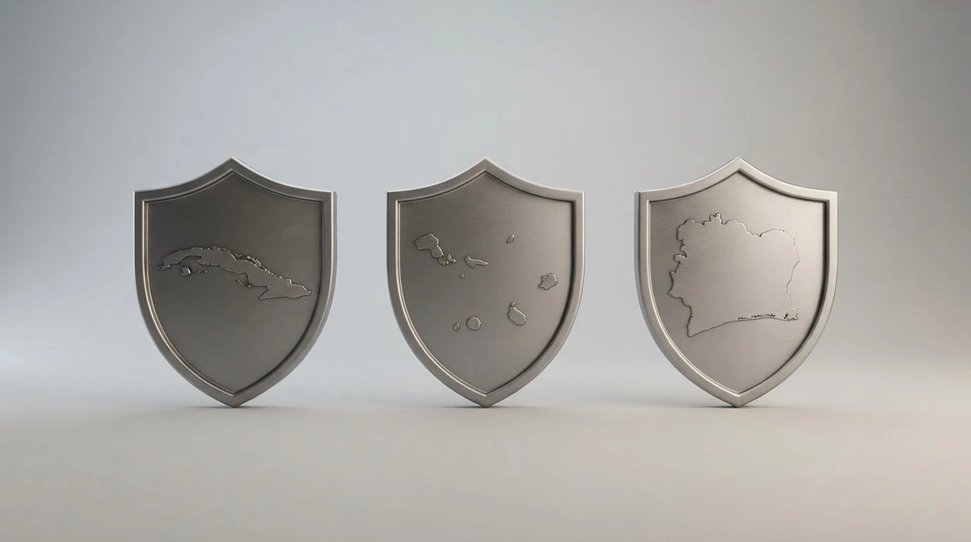 Tres escudos heráldicos con las siluetas de Curaçao, Anjouan y Costa Rica, dispuestos en fila sobre fondo neutro. Sin texto visible en los escudos.