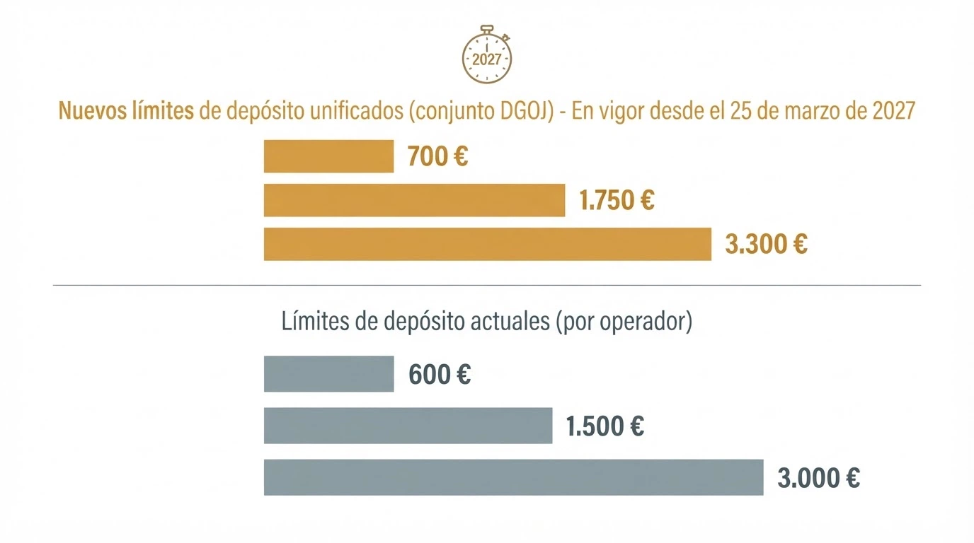 Un termómetro dividido en dos mitades: la inferior con tres franjas etiquetadas «por operador» y la superior con tres franjas etiquetadas «conjunto DGOJ 2027»