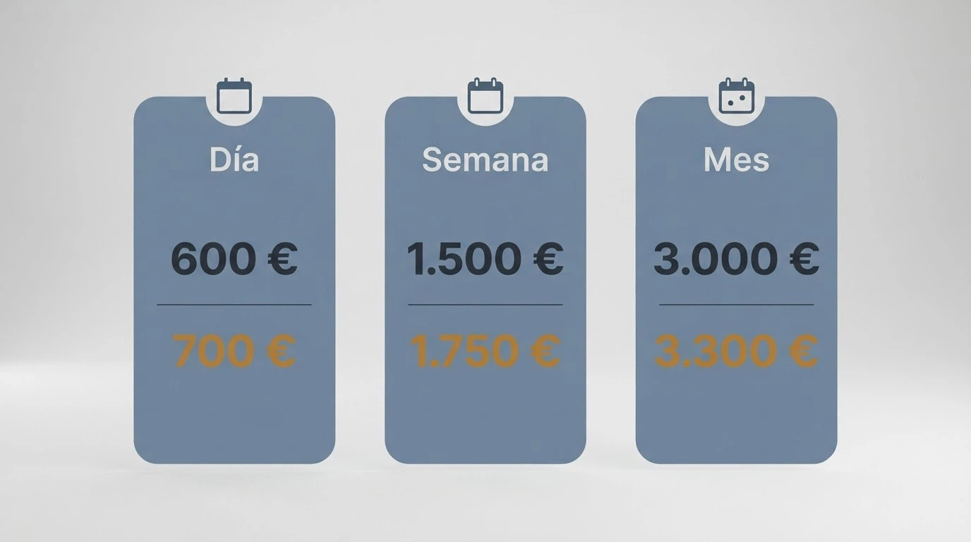 Un calendario con tres columnas marcadas: día, semana y mes, cada una con un límite numérico en euros