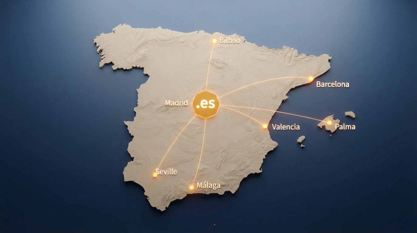 Un mapa estilizado de España con puntos de luz sobre las ciudades donde operan los casinos DGOJ, conectados por líneas que convergen en un icono central con el sello «.es»