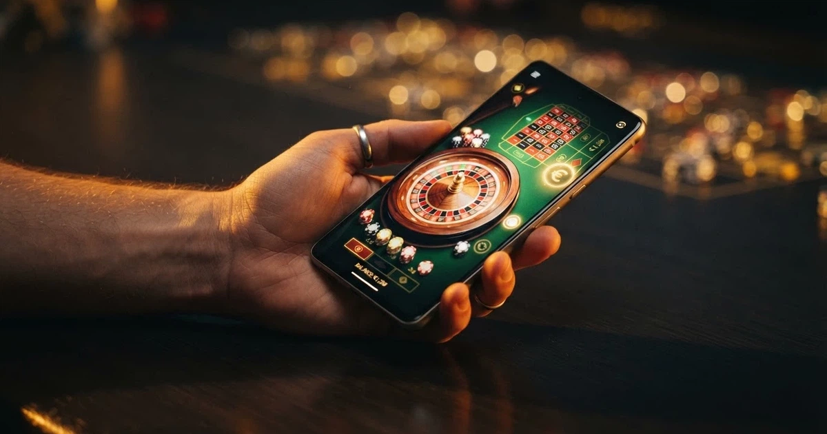Una mano sostiene un móvil con una ruleta de casino y fichas de colores brillantes en la pantalla, sobre un fondo oscuro con destellos dorados.