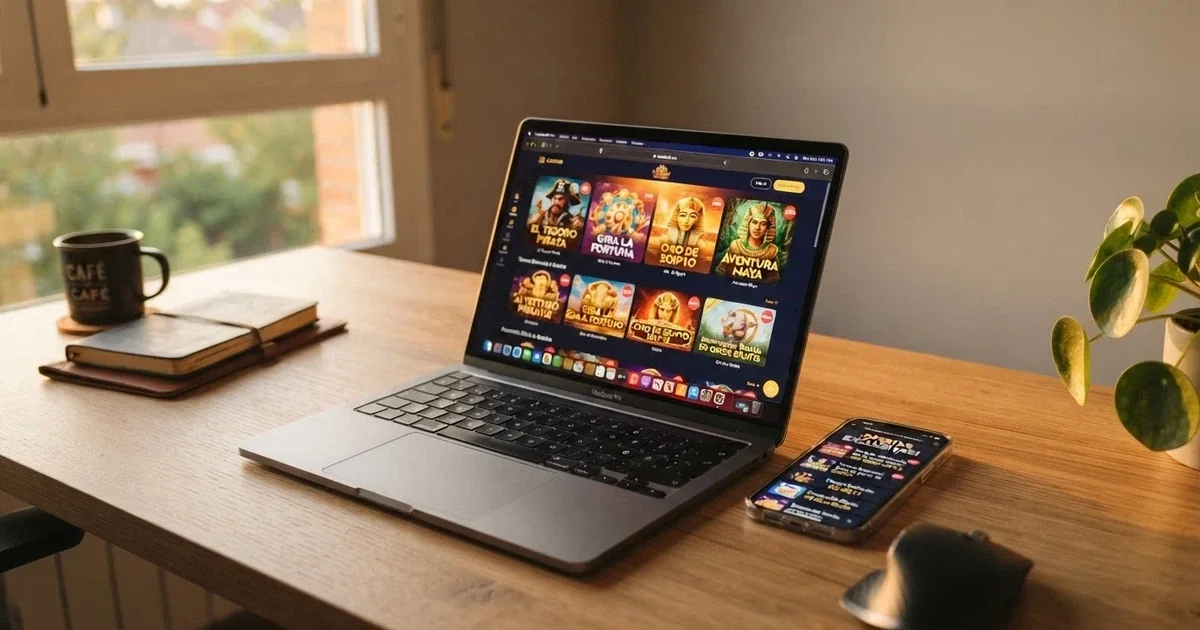 Escritorio con pantalla mostrando la interfaz de un casino online español regulado, junto a un móvil con el catálogo de promociones activas visibles en pantalla