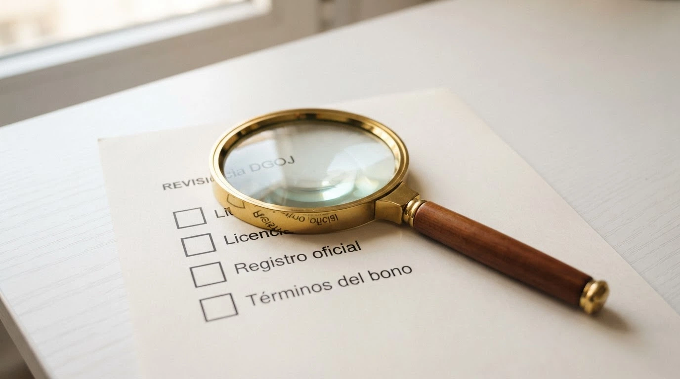 Una lupa sobre una lista de comprobación con tres ítems visibles: «Licencia DGOJ», «Registro oficial» y «Términos del bono»