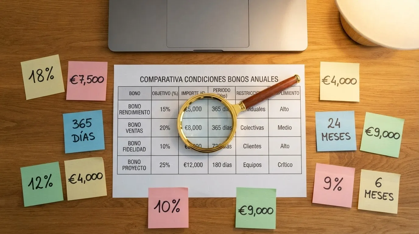 Un escritorio ordenado con una lupa sobre una tabla comparativa de operadores, junto a notas manuscritas con cifras de bono, rollover y licencia