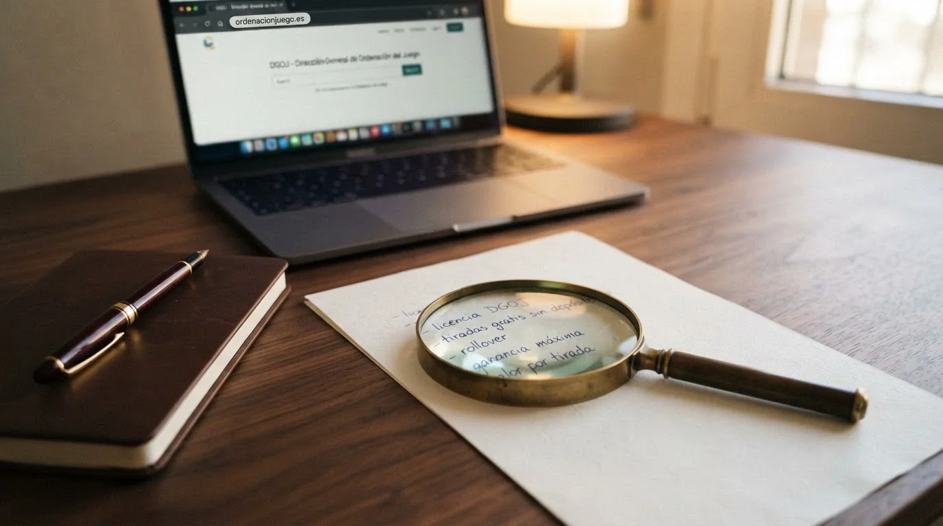 Una lupa sobre una lista de criterios manuscritos: licencia DGOJ, tiradas gratis sin depósito, rollover, ganancia máxima y valor por tirada, con el logo de ordenacionjuego.es al fondo