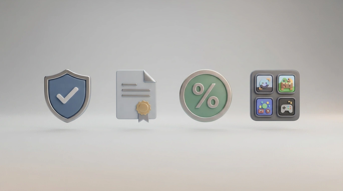 Lista de verificación con iconos: registro DGOJ, licencia del operador, condiciones del bono y catálogo de juegos