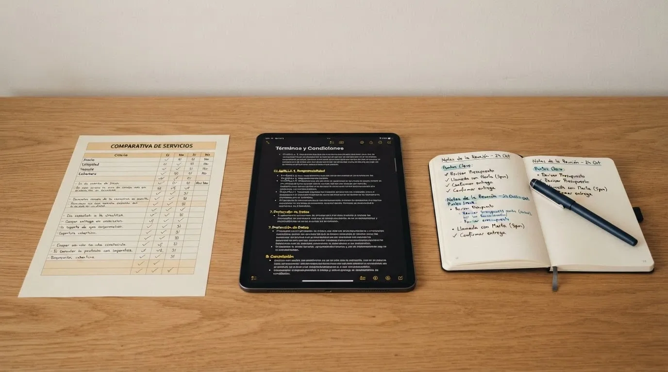 Documentos de licencia, pantallas de términos de bono y un cuaderno con anotaciones de comparación sobre una mesa