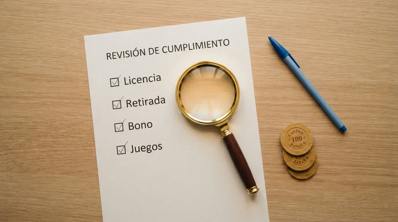Lista de verificación sobre una mesa con una lupa, mostrando criterios: licencia, retirada, bono, juegos