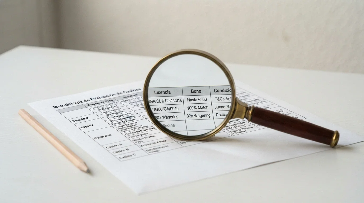 Una lupa sobre una tabla de criterios, con la licencia DGOJ, el bono y las condiciones como columnas
