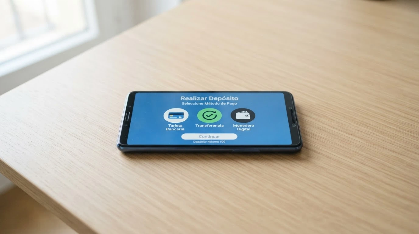 Teléfono mostrando una pantalla de depósito con los iconos de Bizum, tarjeta bancaria y PayPal, fondo azul corporativo