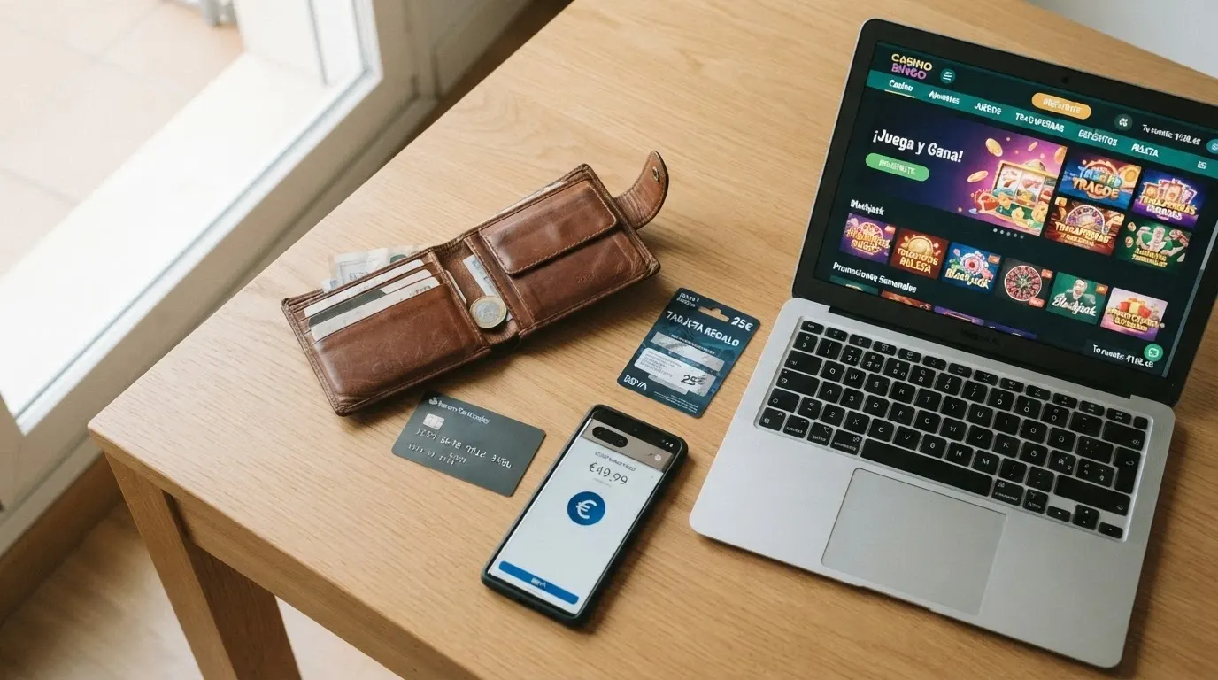 Cartera española con tarjetas bancarias, móvil con la app de Bizum y tarjeta PaysafeCard, dispuestos sobre una mesa junto a un portátil con la web de un casino